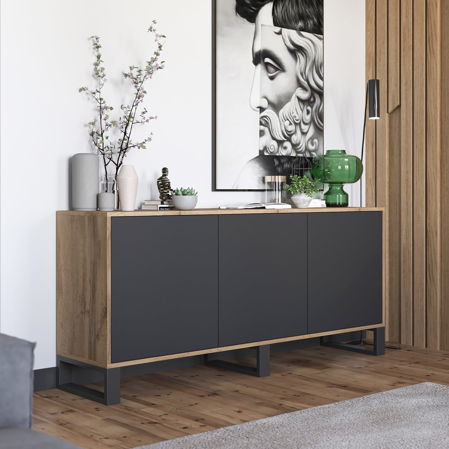 Apollo Modern Sideboard with 3-Door Design and Metal Legs – Black / Oak Wotan