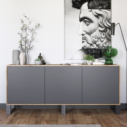 Apollo Modern Sideboard with 3-Door Design and Metal Legs – Grey / Oak Wotan