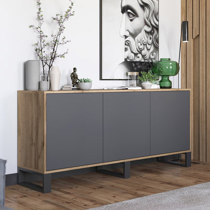 Apollo Modern Sideboard with 3-Door Design and Metal Legs – Grey / Oak Wotan