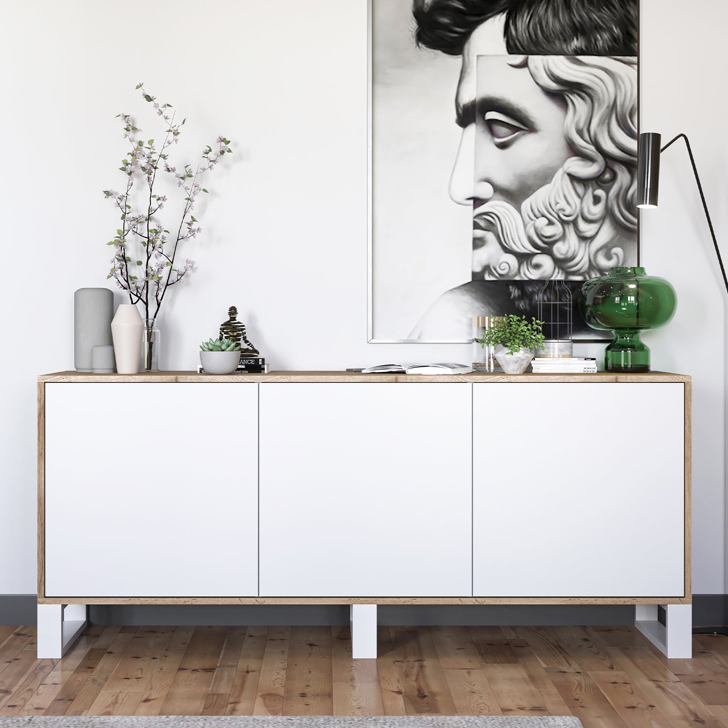 Apollo Modern Sideboard with 3-Door Design and Metal Legs – White / Oak Wotan