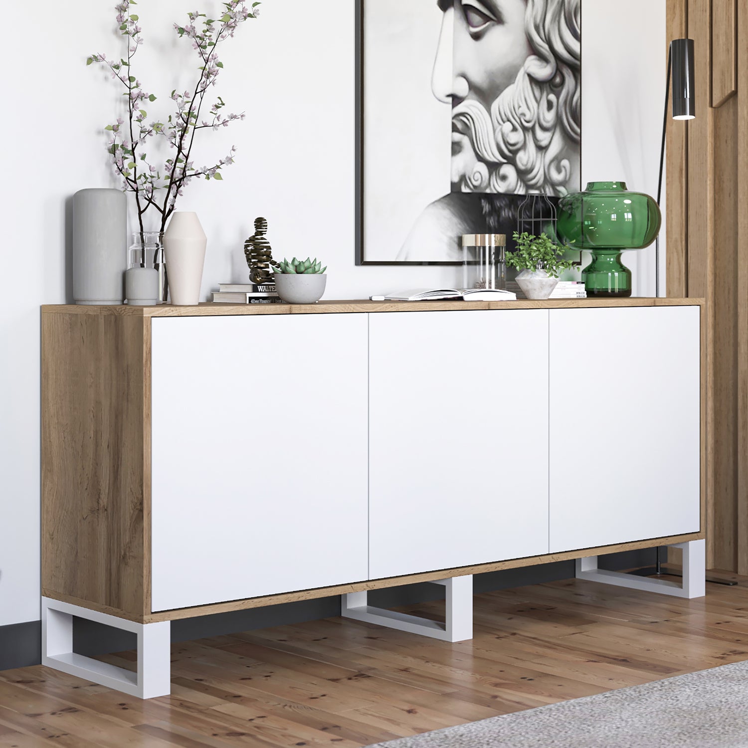 Apollo Modern Sideboard with 3-Door Design and Metal Legs – White / Oak Wotan