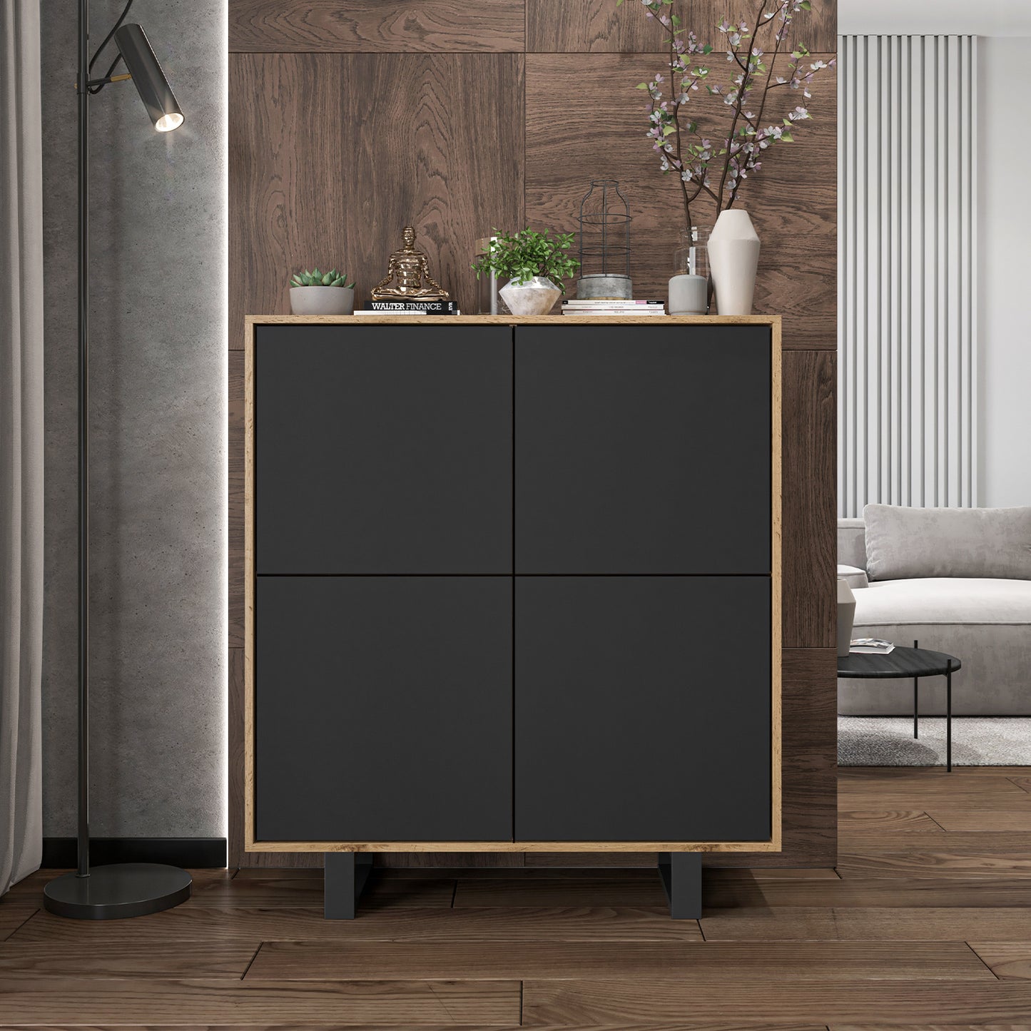 Apollo Modern Sideboard with 4-Door Design and Metal Legs – Black / Oak Wotan