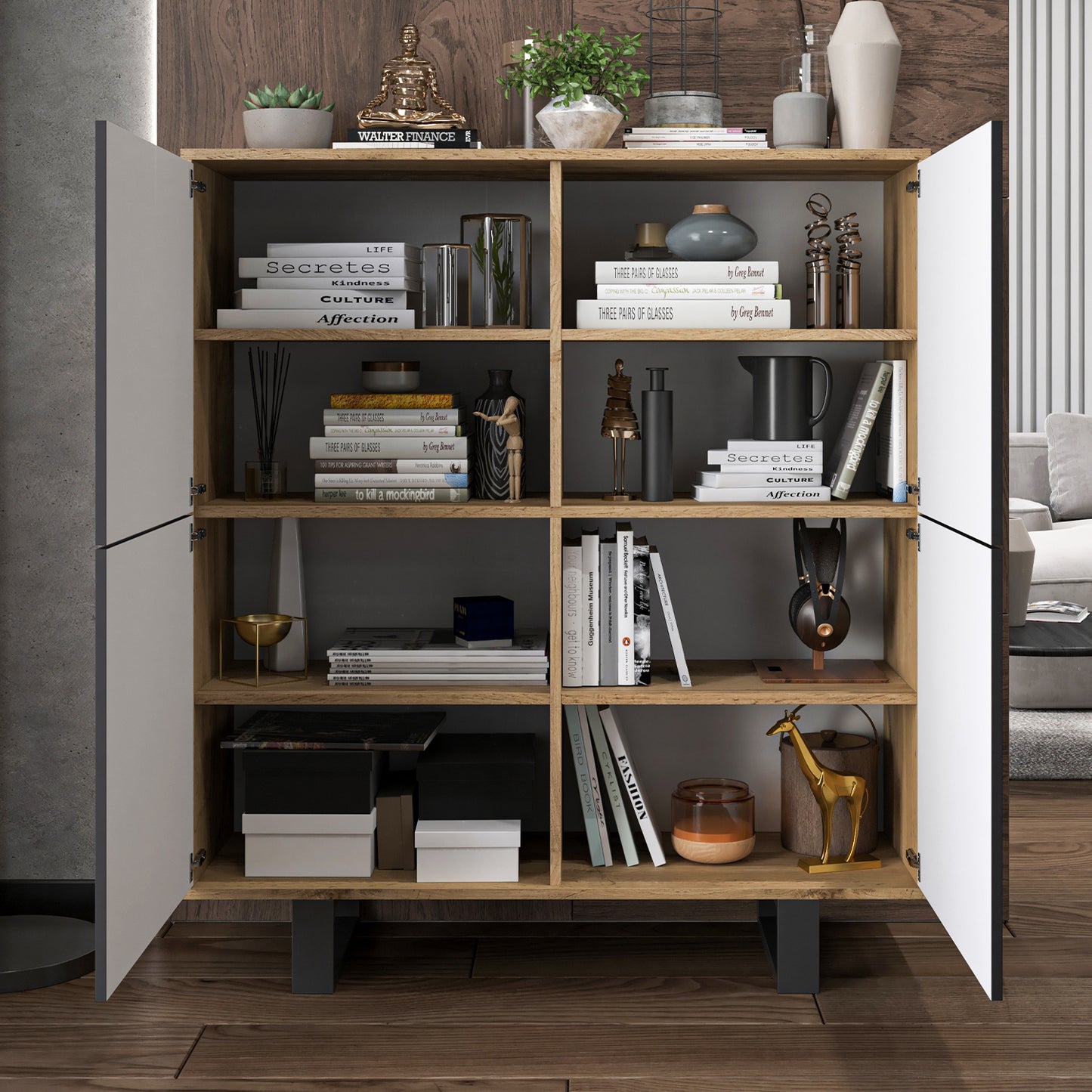 Apollo Modern Sideboard with 4-Door Design and Metal Legs – Black / Oak Wotan