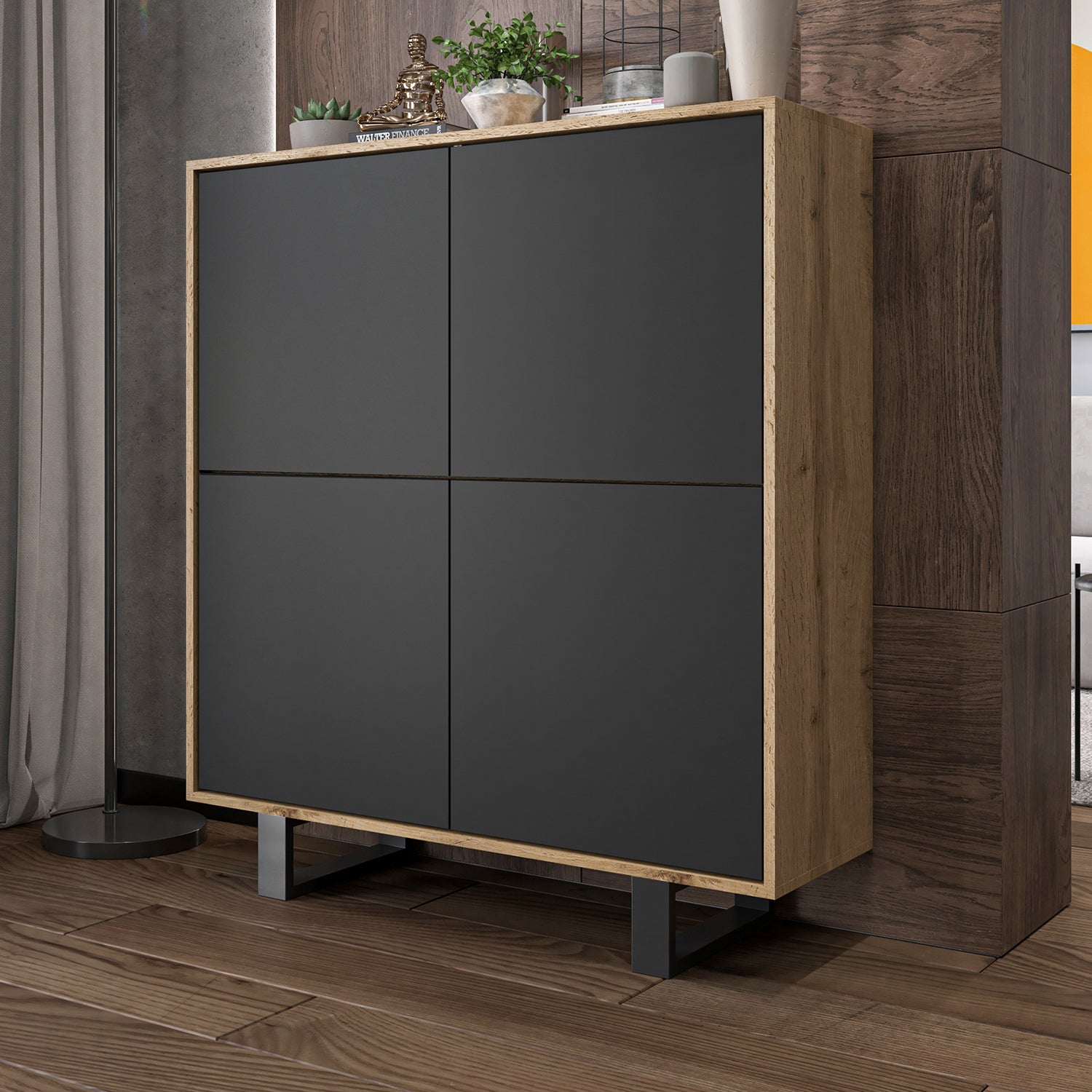 Apollo Modern Sideboard with 4-Door Design and Metal Legs – Black / Oak Wotan