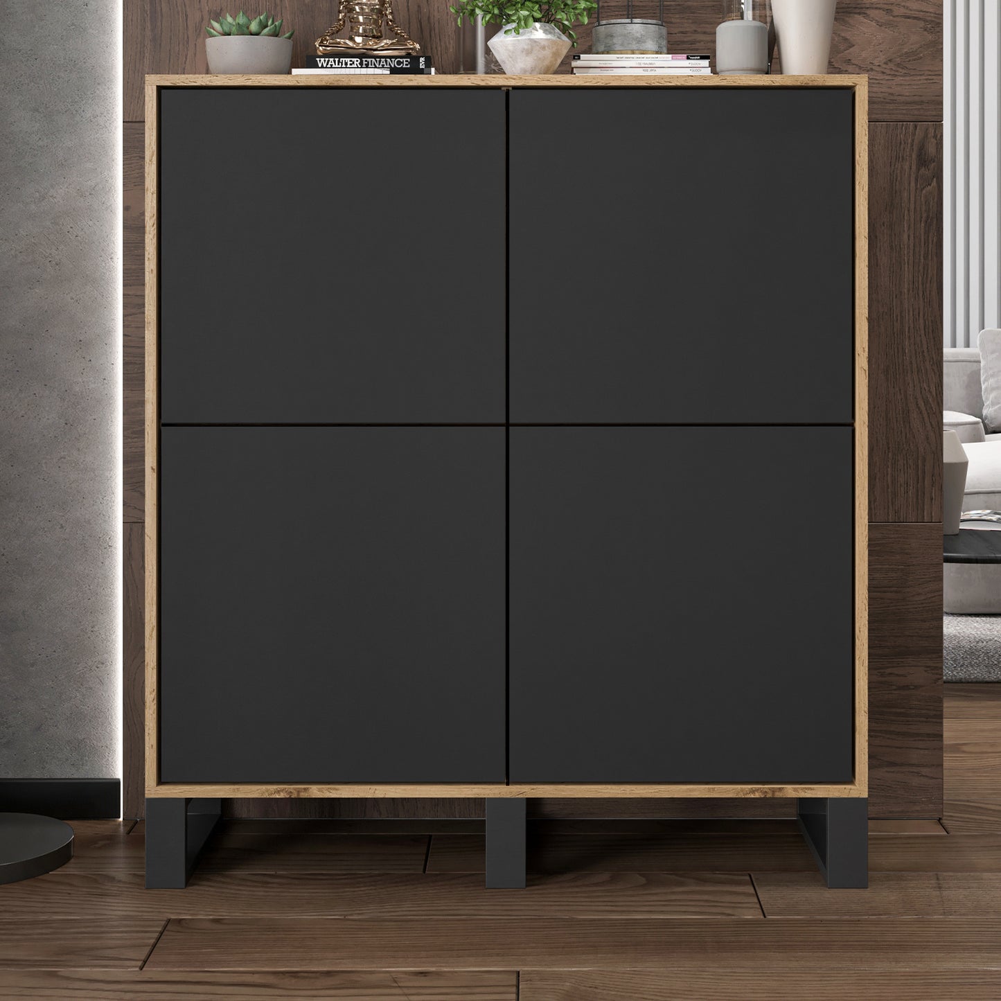 Apollo Modern Sideboard with 4-Door Design and Three Metal Legs – Black / Oak Wotan Copy