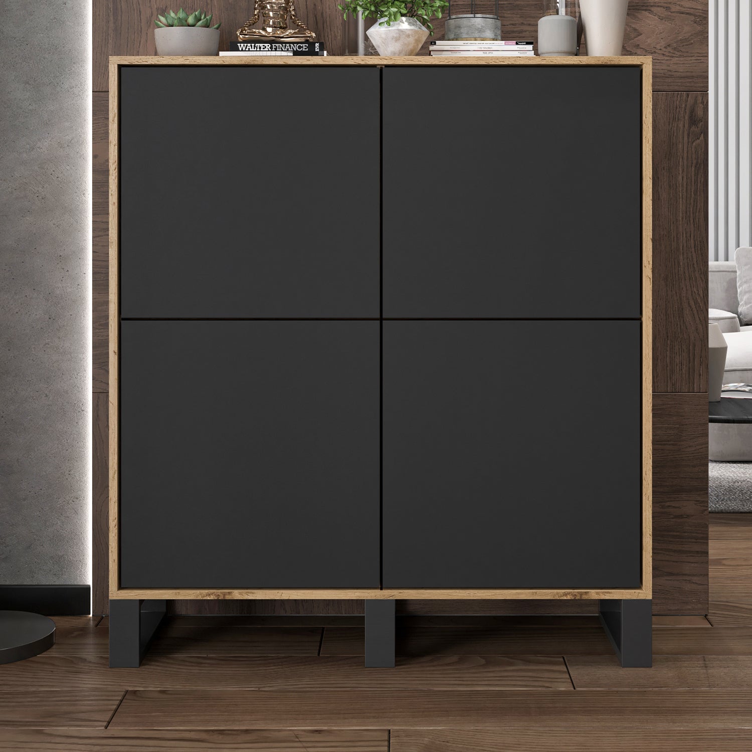 Apollo Modern Sideboard with 4-Door Design and Three Metal Legs – Black / Oak Wotan Copy