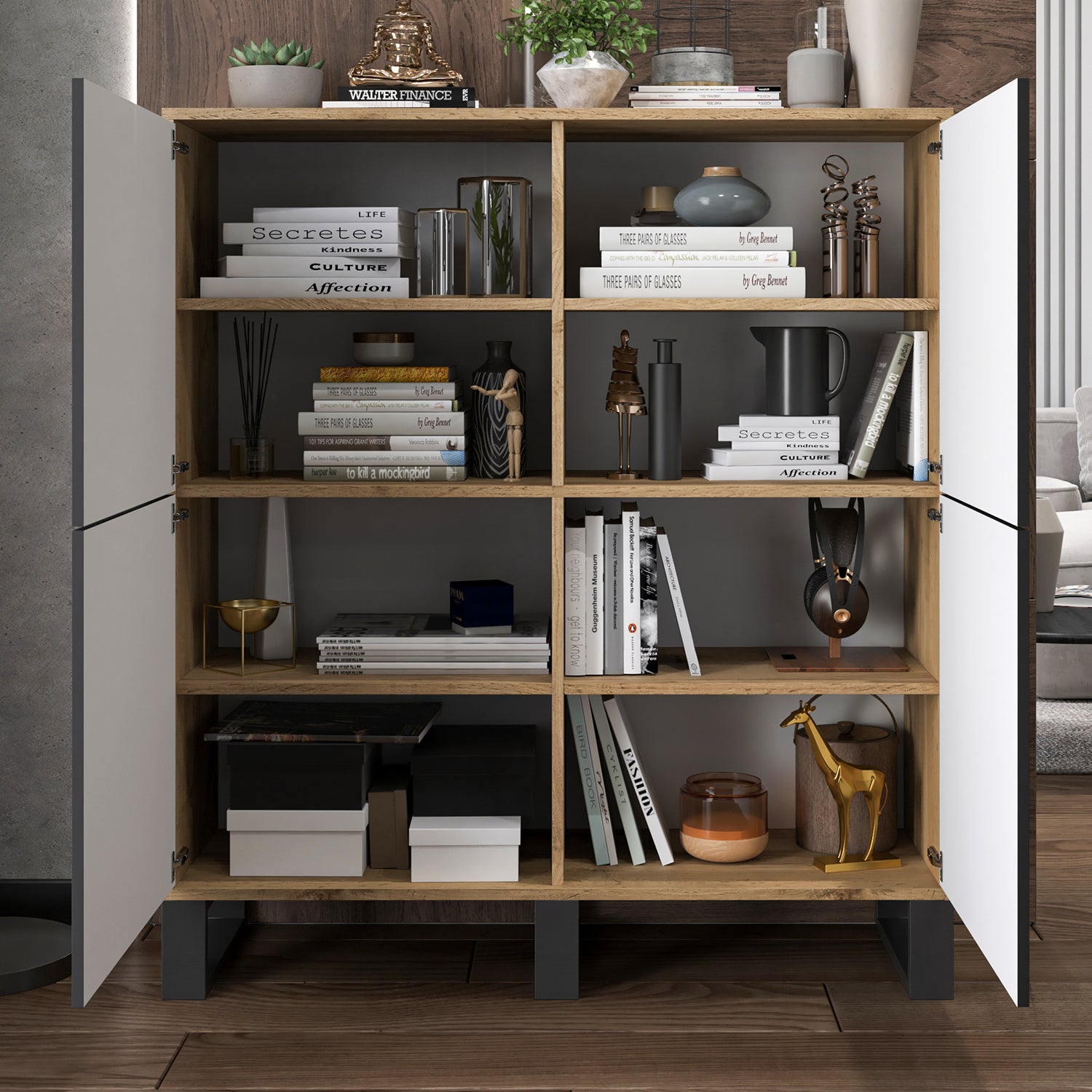 Apollo Modern Sideboard with 4-Door Design and Three Metal Legs – Black / Oak Wotan Copy