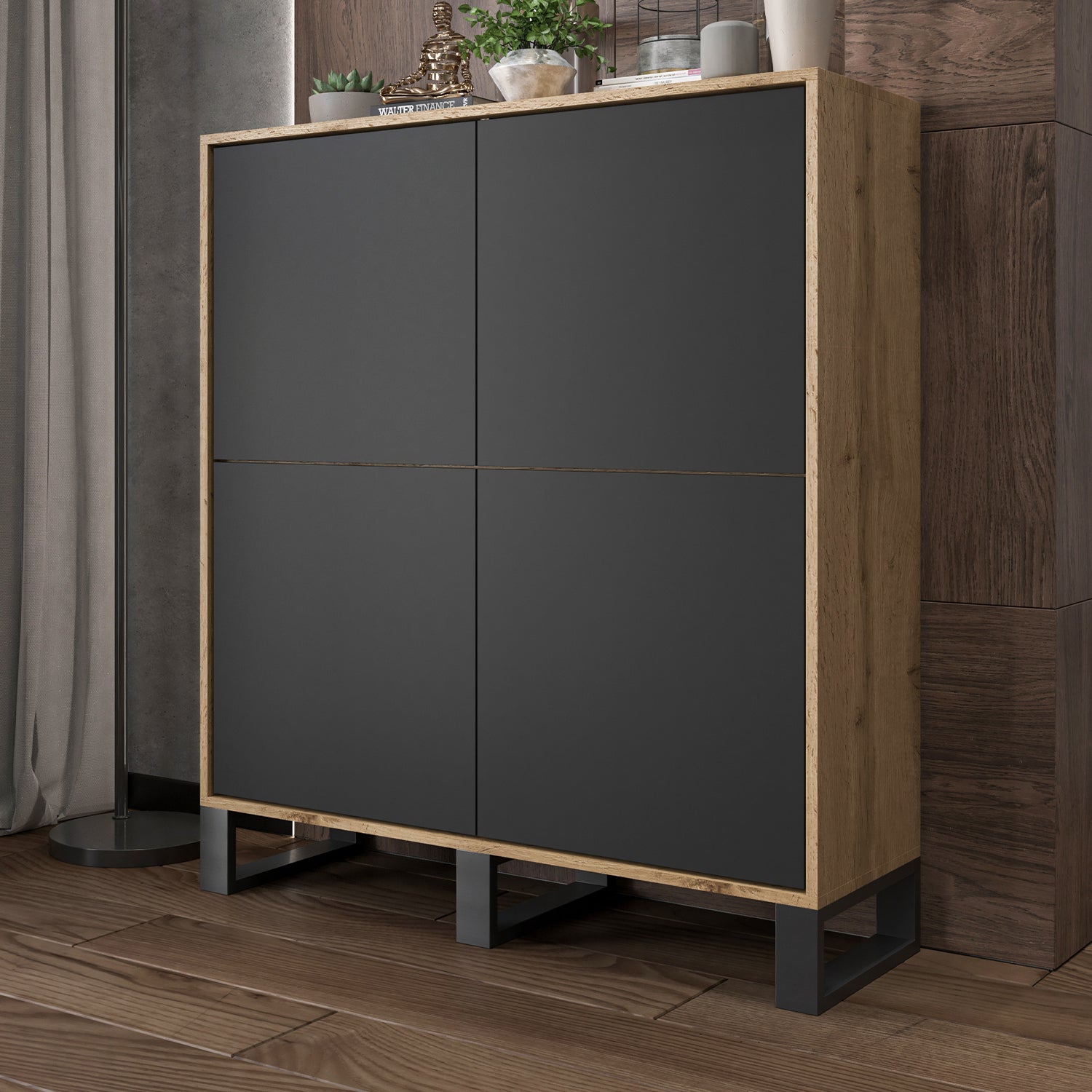 Apollo Modern Sideboard with 4-Door Design and Three Metal Legs – Black / Oak Wotan Copy