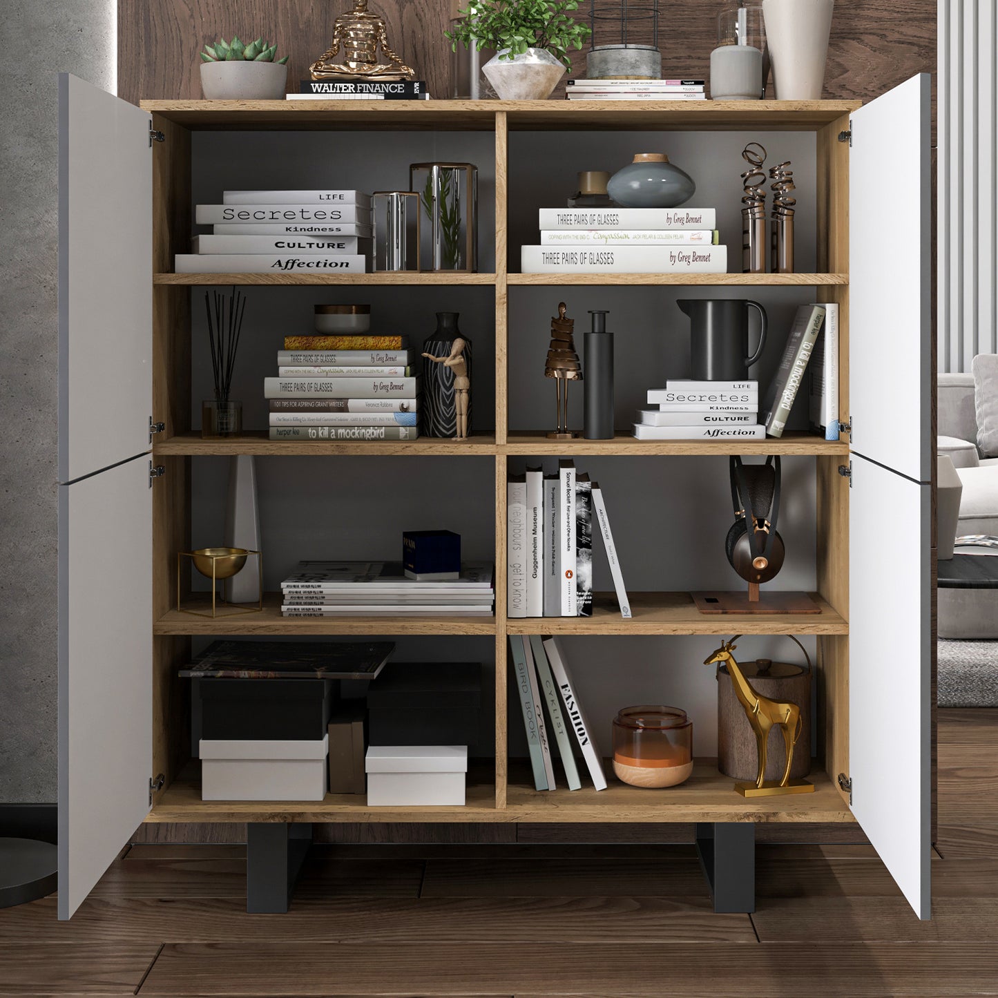 Apollo Modern Sideboard with 4-Door Design and Metal Legs – Grey / Oak Wotan