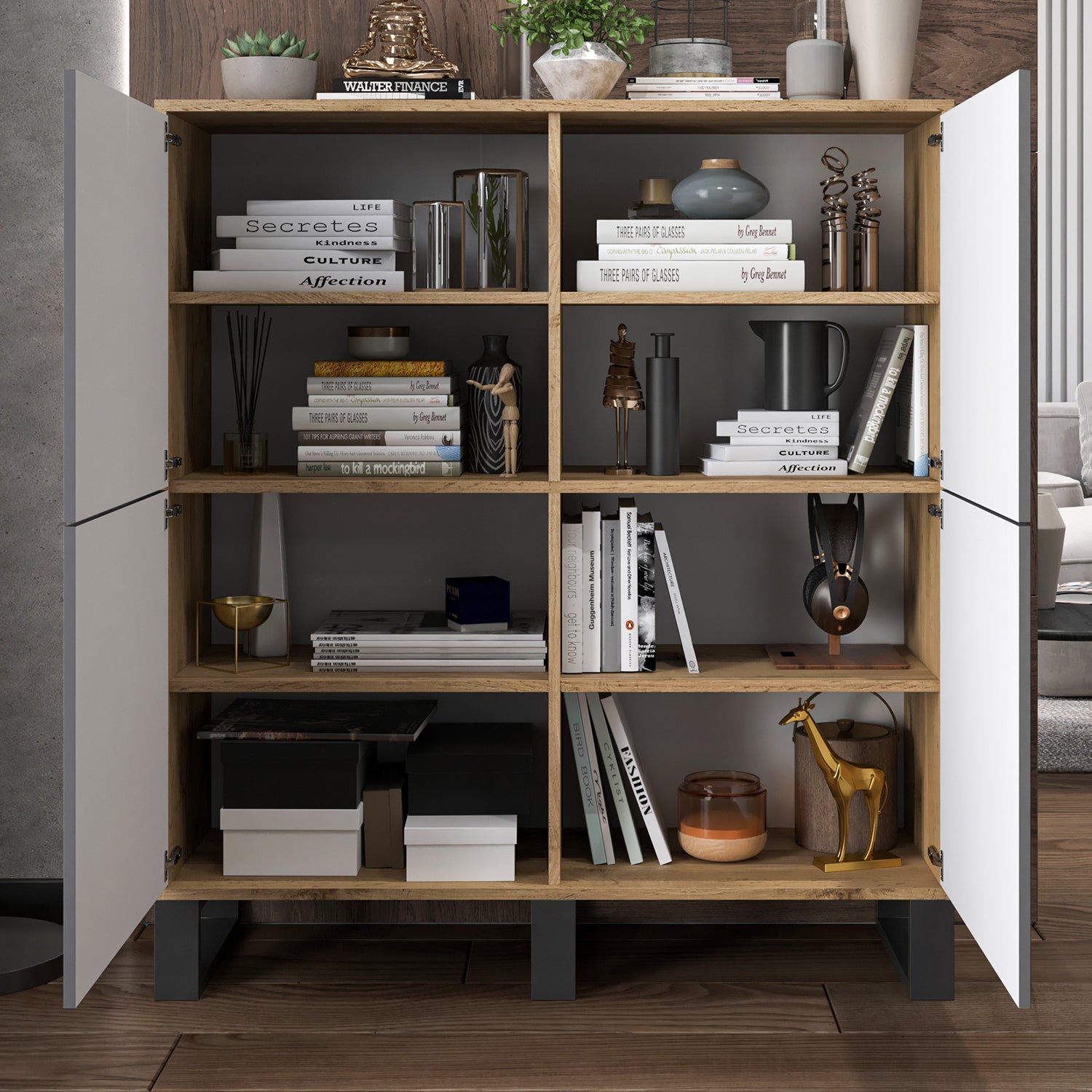 Apollo Modern Sideboard with 4-Door Design and Three Metal Legs – Grey / Oak Wotan