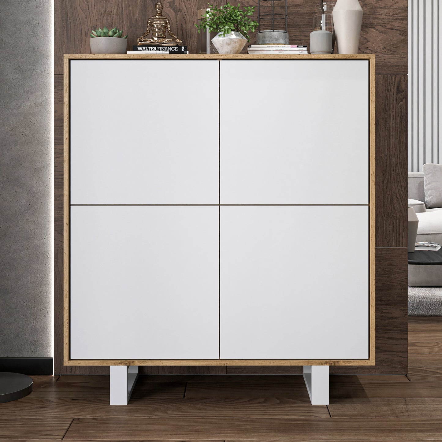 Apollo Modern Sideboard with 4-Door Design and Metal Legs – White / Oak Wotan