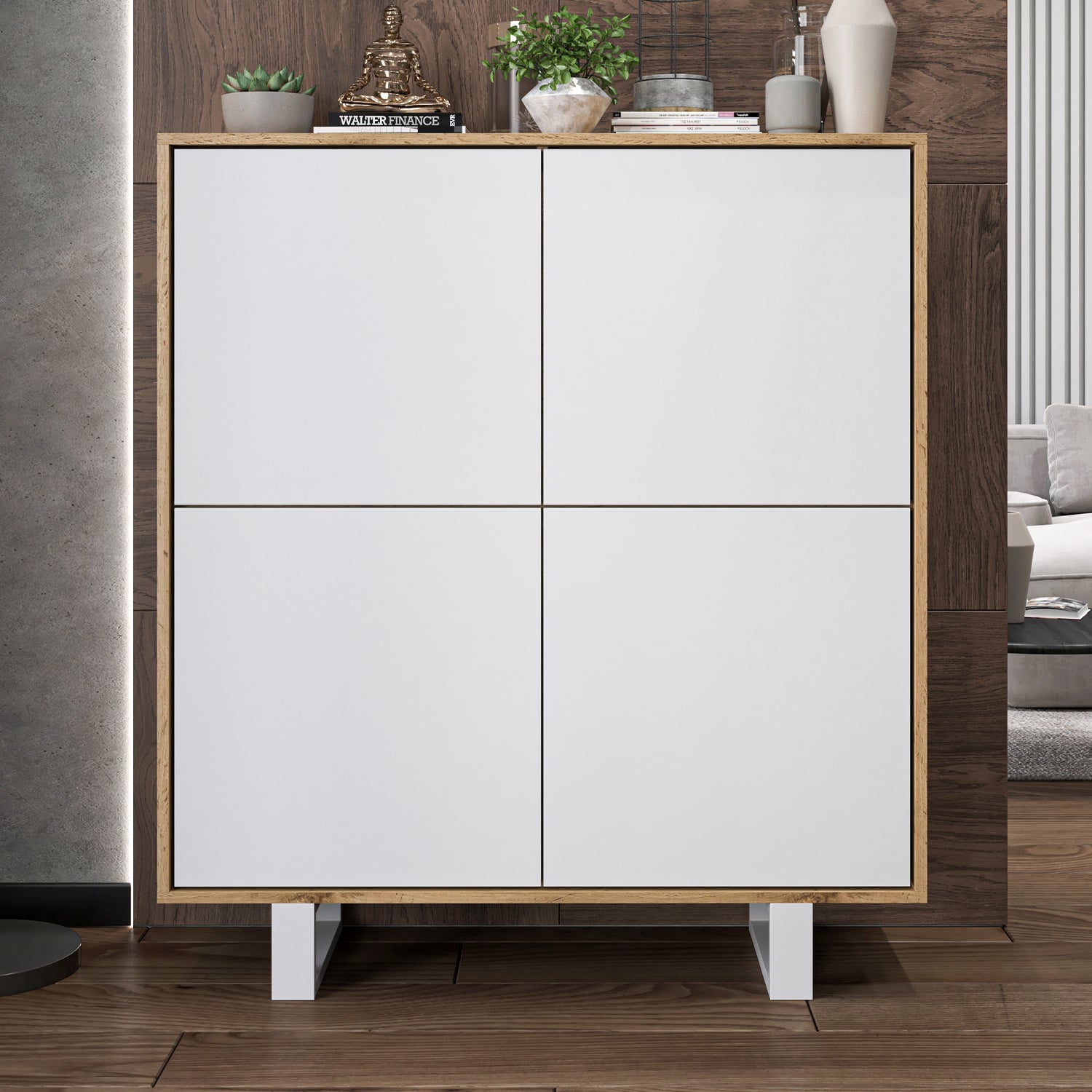Apollo Modern Sideboard with 4-Door Design and Metal Legs – White / Oak Wotan