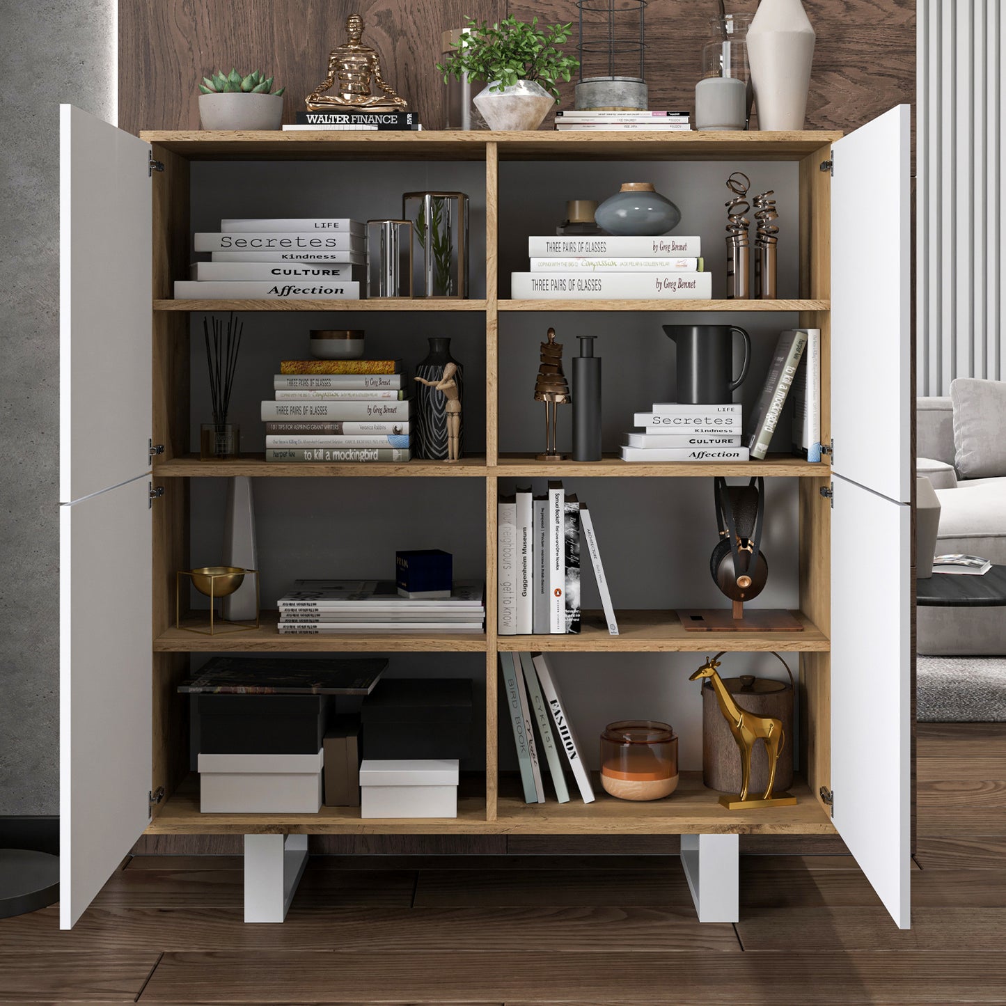 Apollo Modern Sideboard with 4-Door Design and Metal Legs – White / Oak Wotan