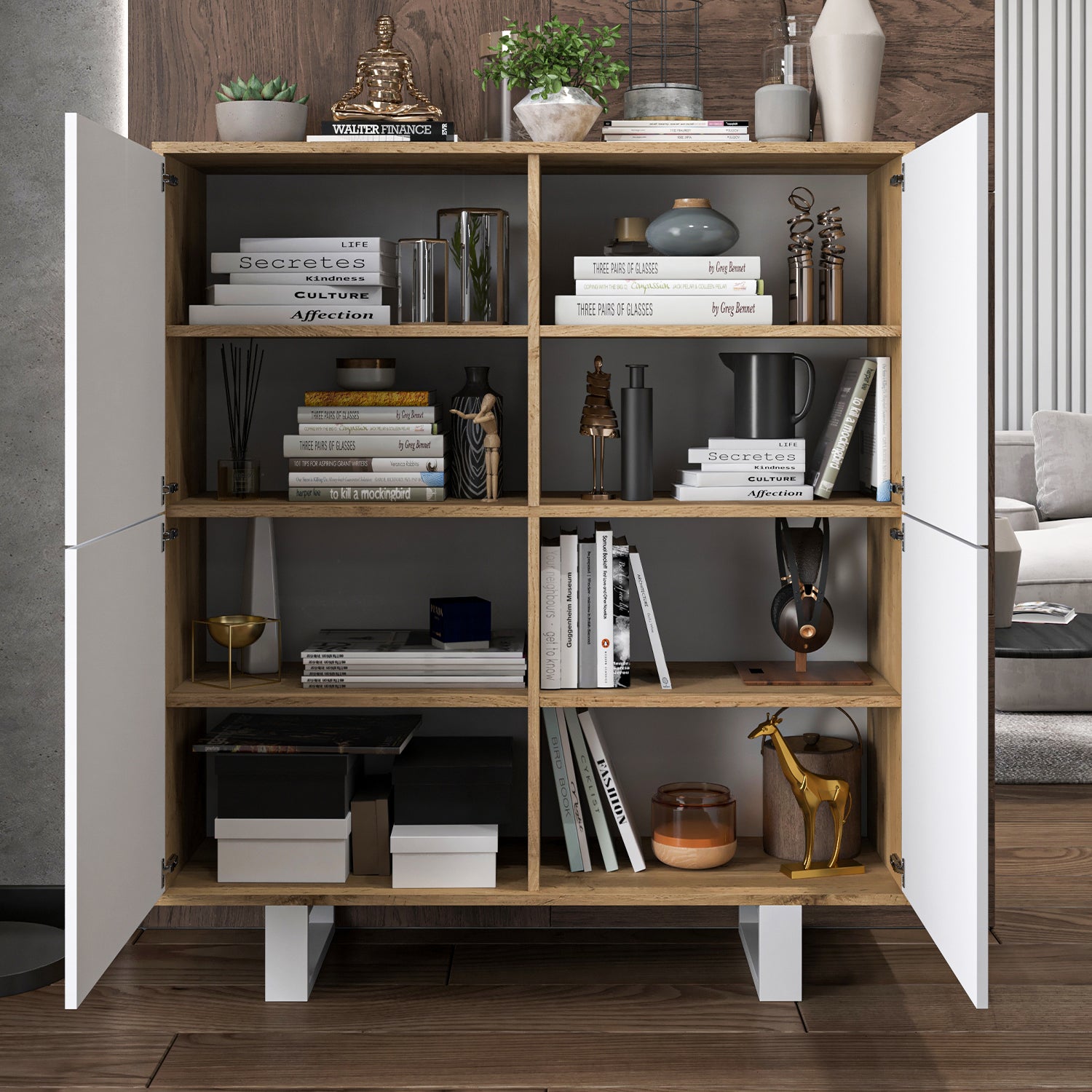 Apollo Modern Sideboard with 4-Door Design and Metal Legs – White / Oak Wotan