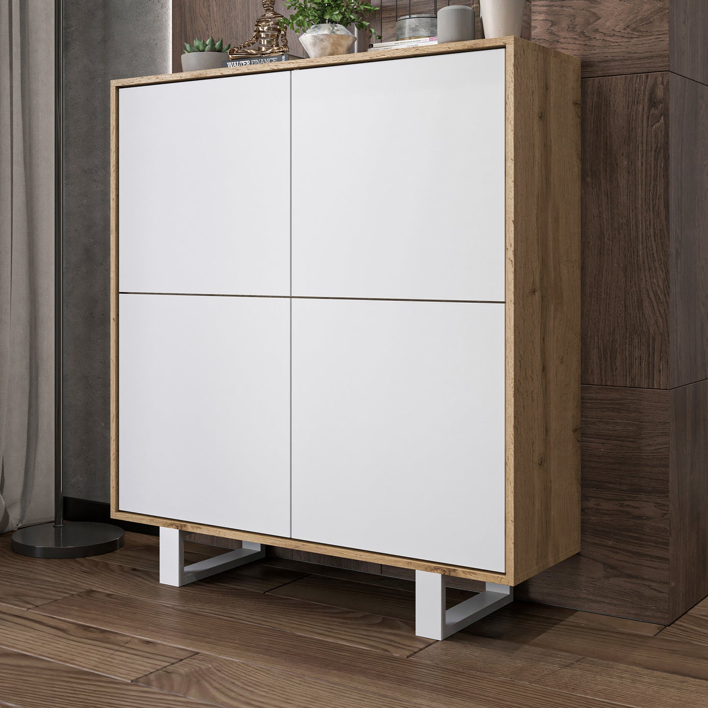 Apollo Modern Sideboard with 4-Door Design and Metal Legs – White / Oak Wotan