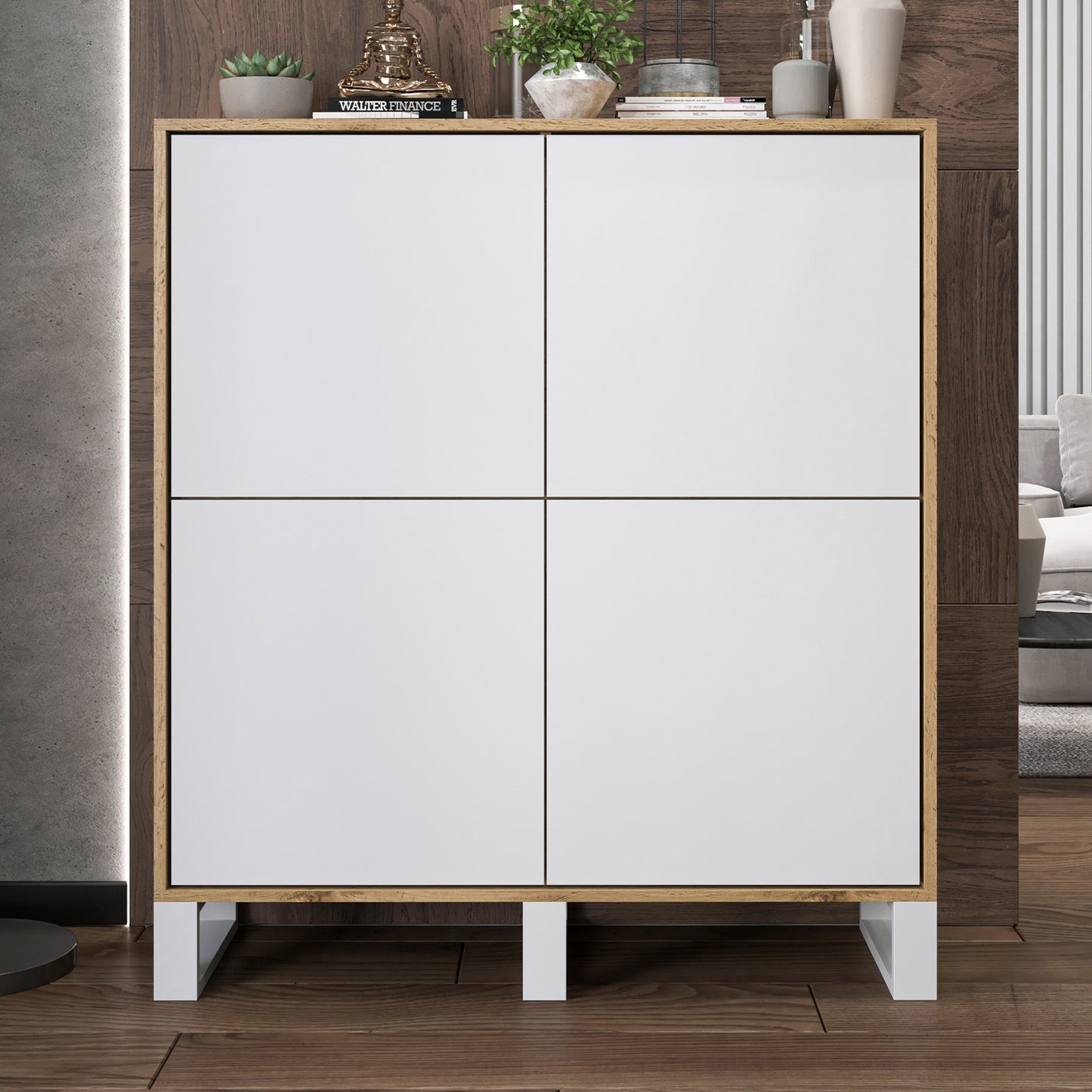 Apollo Modern Sideboard with 4-Door Design and Three Metal Legs – White / Oak Wotan