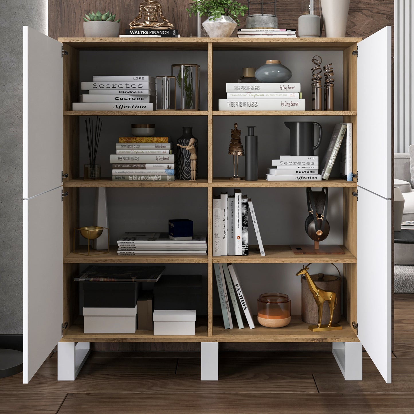 Apollo Modern Sideboard with 4-Door Design and Three Metal Legs – White / Oak Wotan