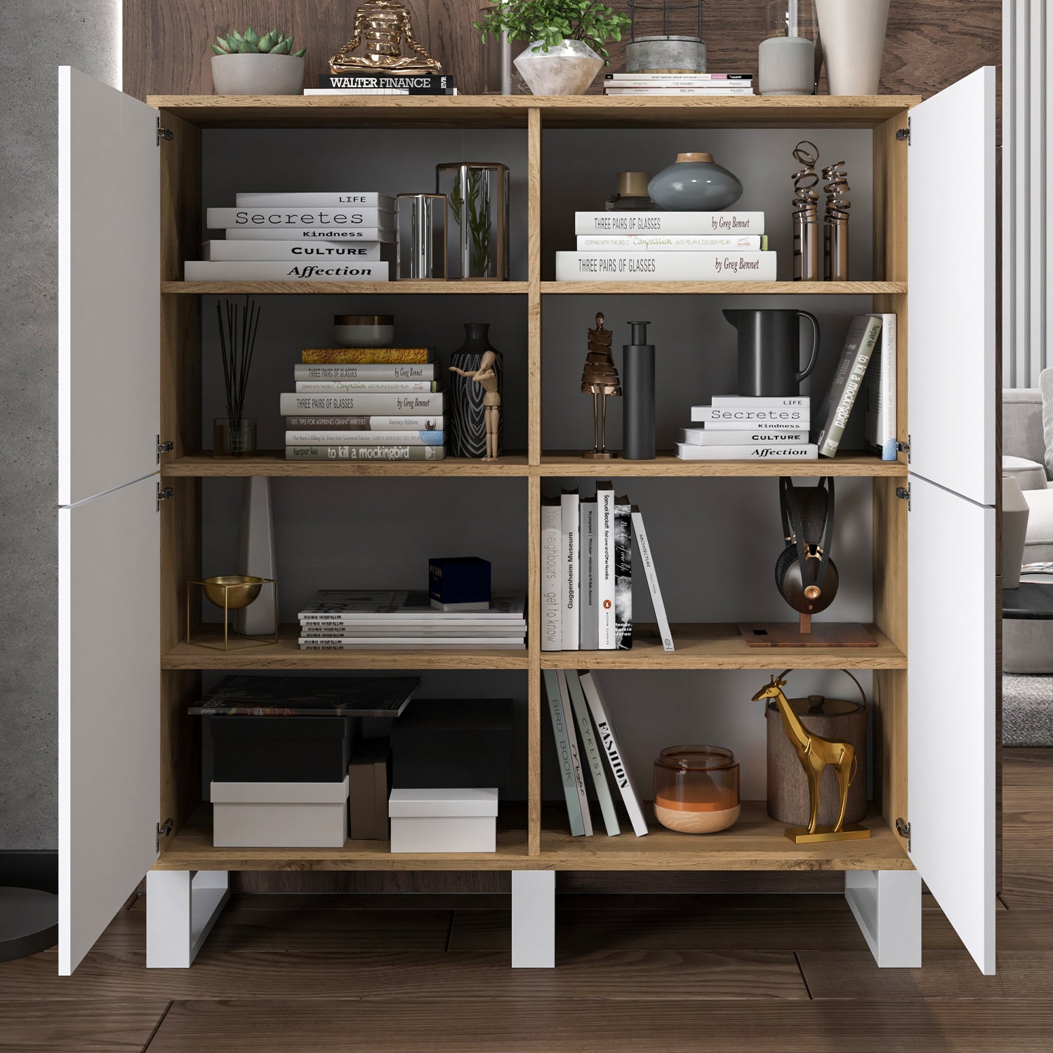 Apollo Modern Sideboard with 4-Door Design and Three Metal Legs – White / Oak Wotan