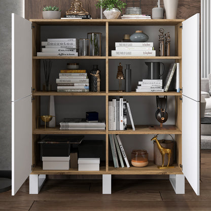 Apollo Modern Sideboard with 4-Door Design and Three Metal Legs – White / Oak Wotan