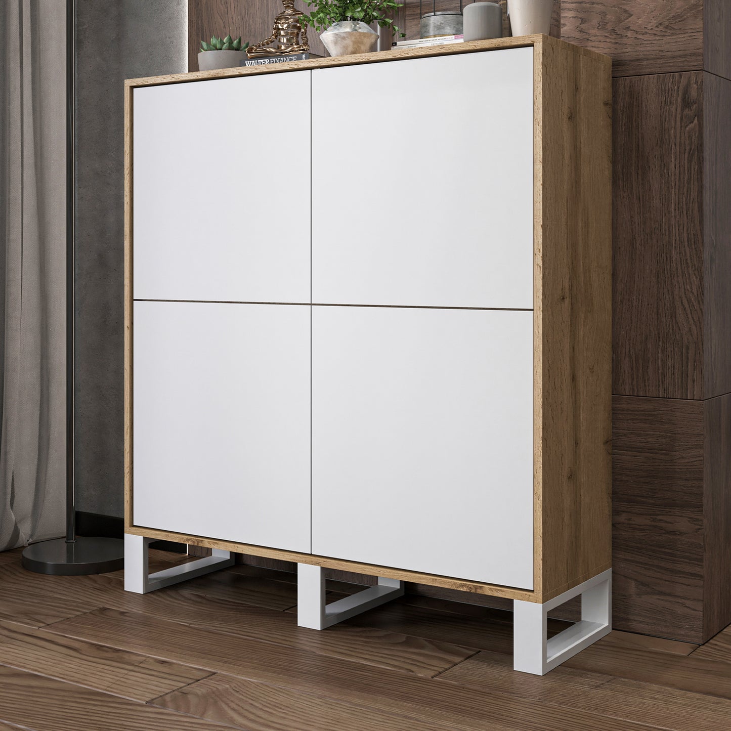 Apollo Modern Sideboard with 4-Door Design and Three Metal Legs – White / Oak Wotan