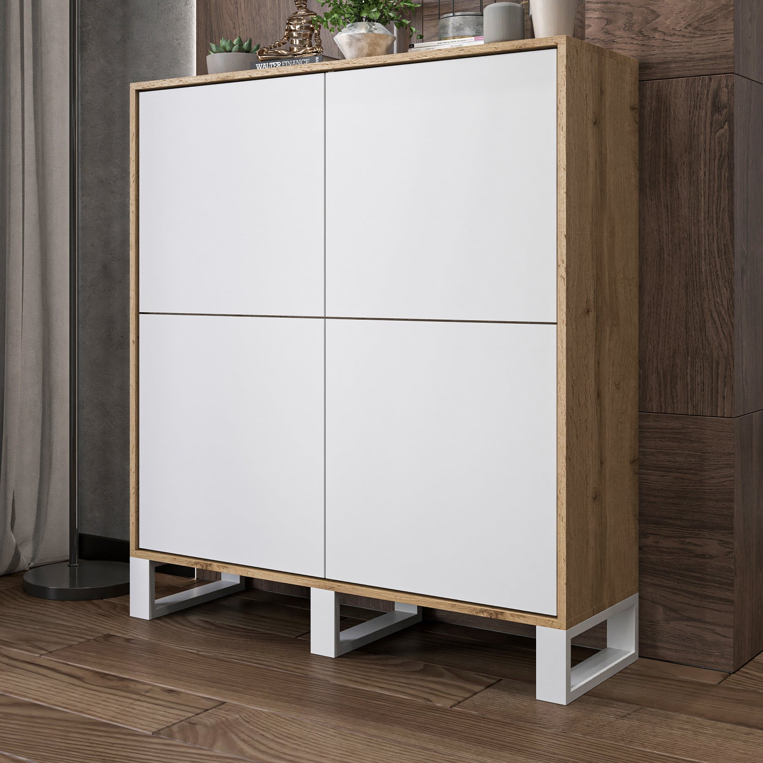 Apollo Modern Sideboard with 4-Door Design and Three Metal Legs – White / Oak Wotan