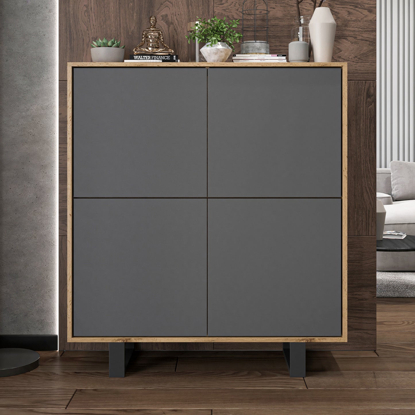 Apollo Modern Sideboard with 4-Door Design and Metal Legs – Grey / Oak Wotan