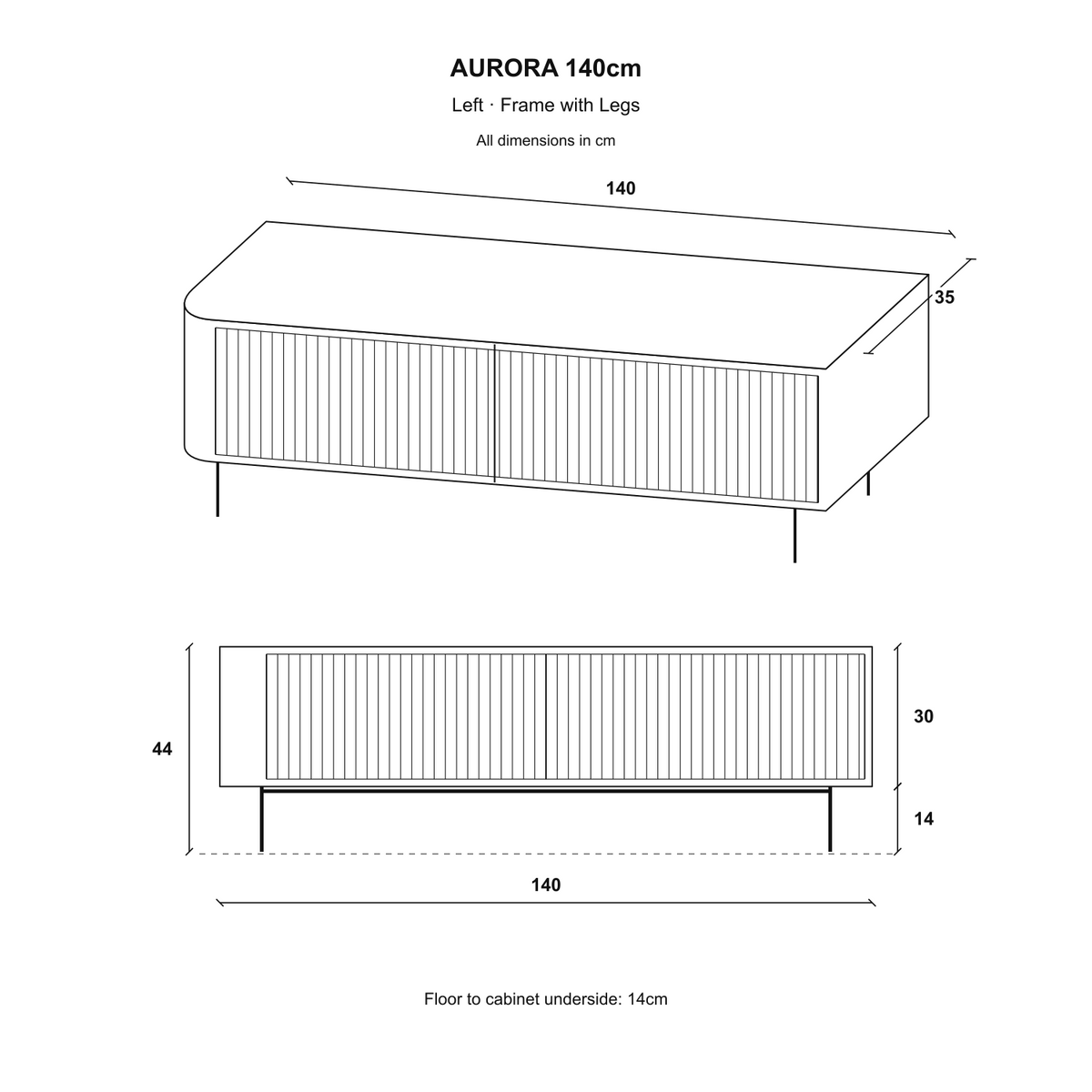 Aurora Rounded Corner Fluted TV Unit 140cm Glamour Style with Frame Legs - Cashmere / Gold