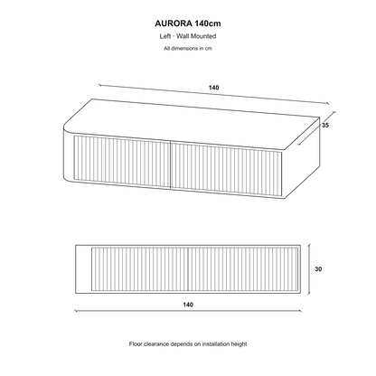 Aurora Rounded Corner Wall Mounted Flutted TV Unit 140cm Glamour Style - Black