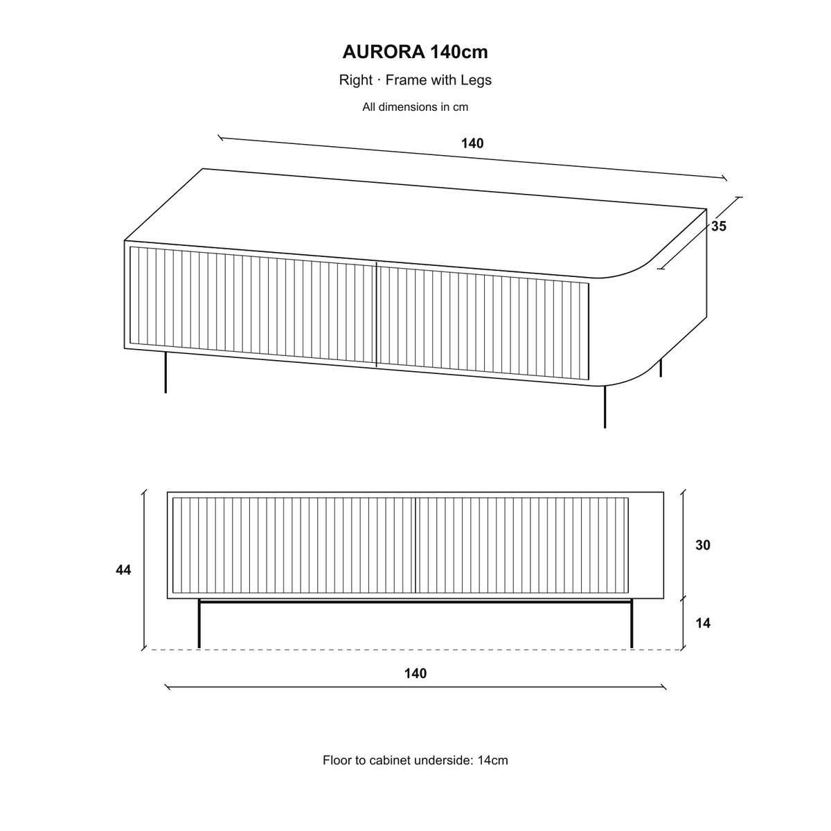 Aurora Rounded Corner Fluted TV Unit 140cm Glamour Style with Frame Legs - Cashmere / Gold