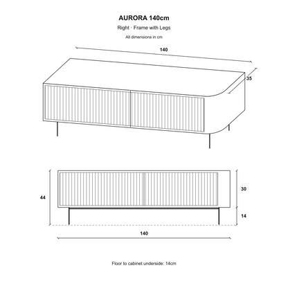 Aurora Rounded Corner Fluted TV Unit 140cm Glamour Style with Frame Legs - White / Black