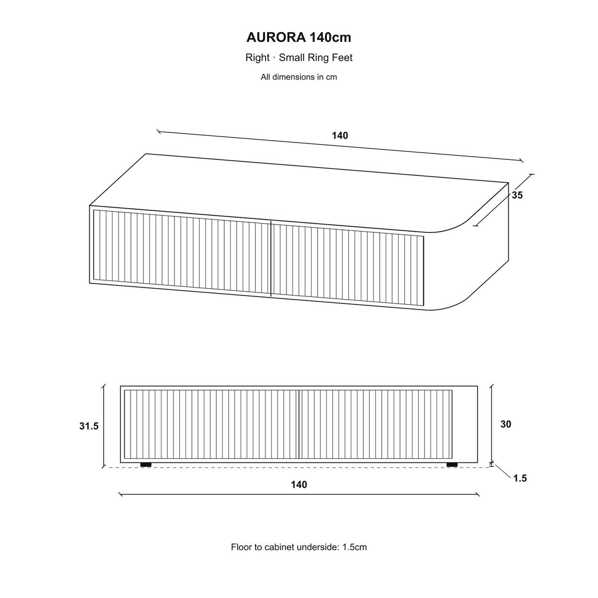 Aurora Rounded Corner Fluted TV Unit 140cm Glamour Style with Floor Pads - Black