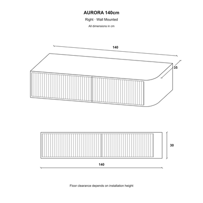Aurora Rounded Corner Wall Mounted Flutted TV Unit 140cm Glamour Style - Black