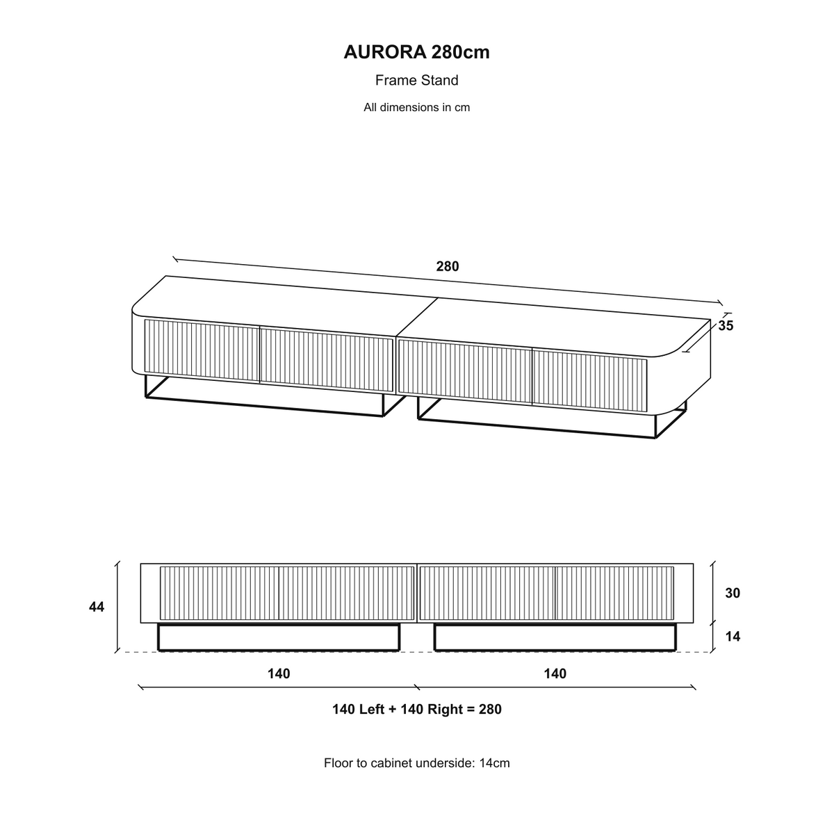 Aurora Rouded Corners Flutted TV Unit 280cm Glamour Style with Frame Stand - White / Black Frame
