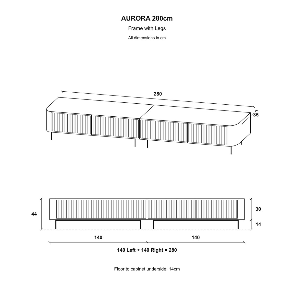 Aurora Rouded Corners Flutted TV Unit 280cm Glamour Style with Frame Legs - White / Gold Frame