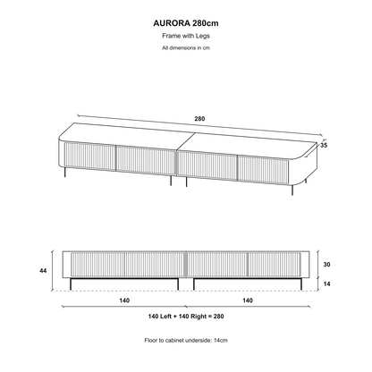 Aurora Rouded Corners Flutted TV Unit 280cm Glamour Style with Frame Legs - White / Gold Frame