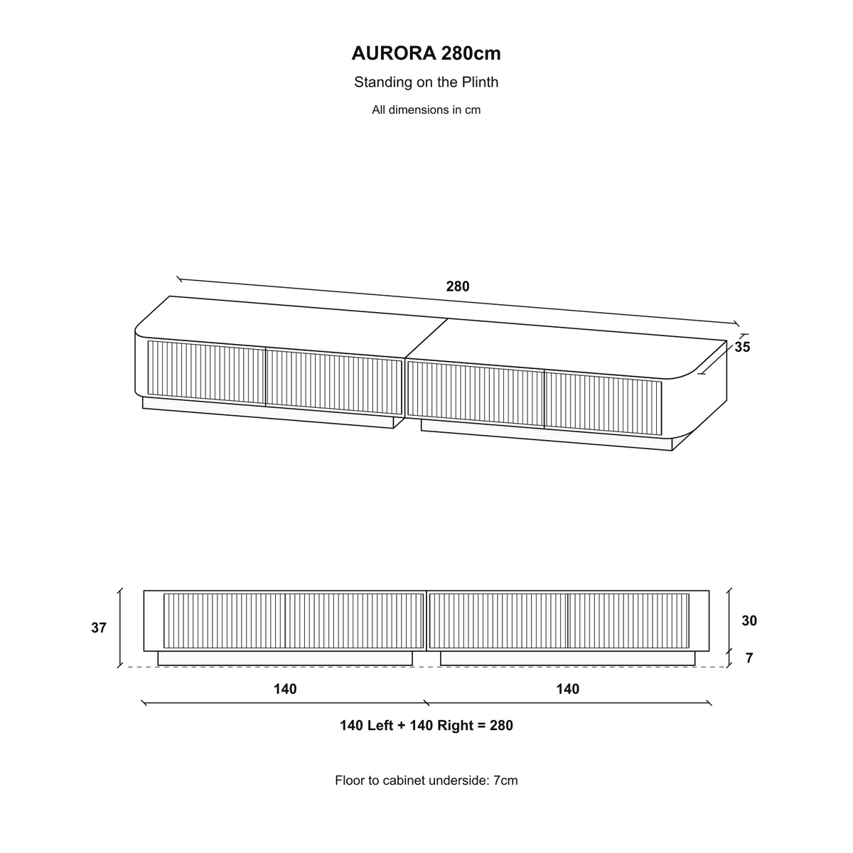 Aurora Rouded Corners Flutted TV Unit 280cm Glamour Style with Plinth Stand - White