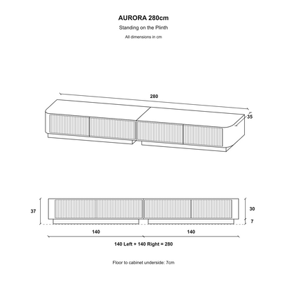 Aurora Rouded Corners Flutted TV Unit 280cm Glamour Style with Plinth Stand - White