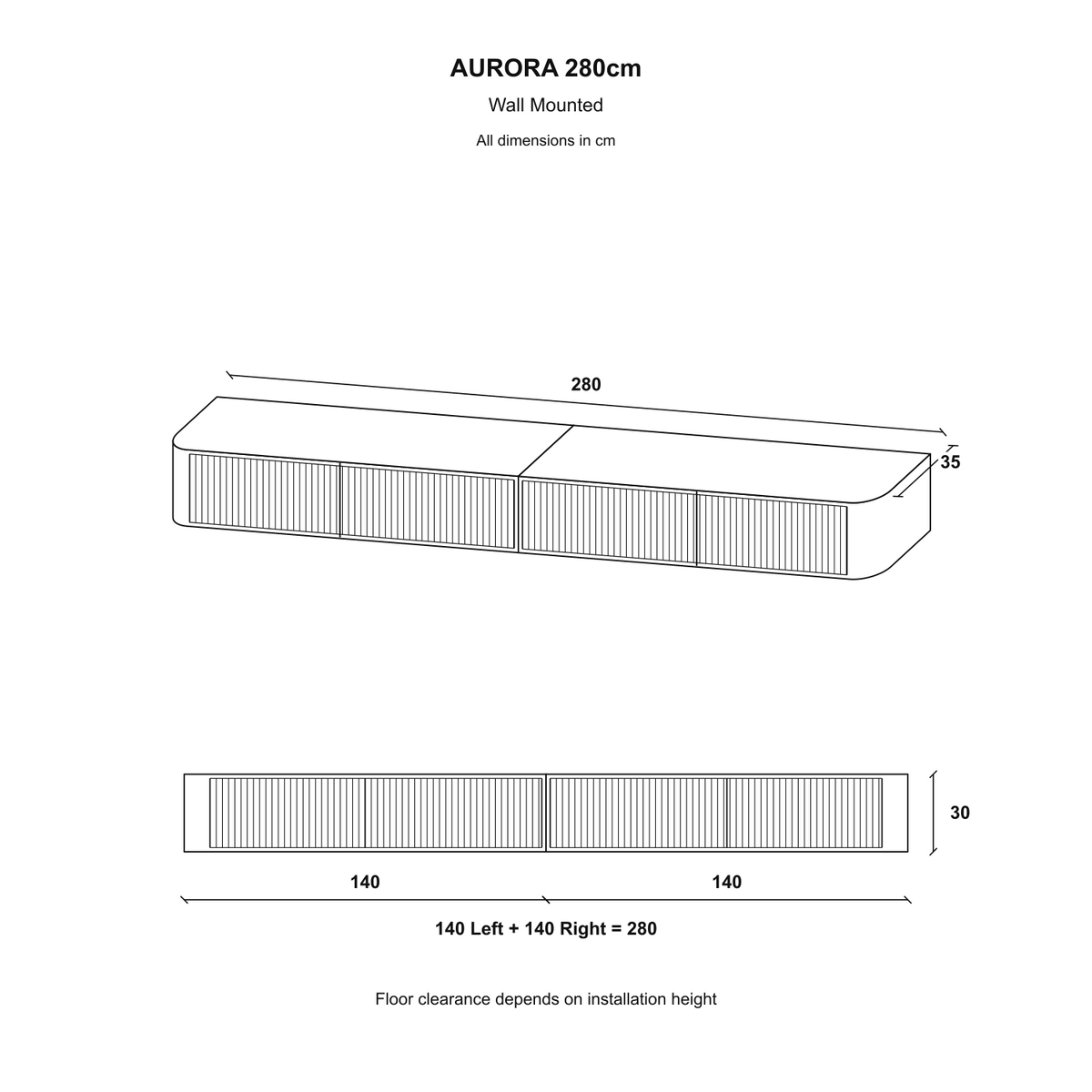 Aurora Rouded Corners Wall Mounted Flutted TV Unit 280cm Glamour Style - White