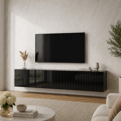 Joyce Wall Mounted TV Unit Modern Fluted Gloss Finish 150cm - Black Gloss