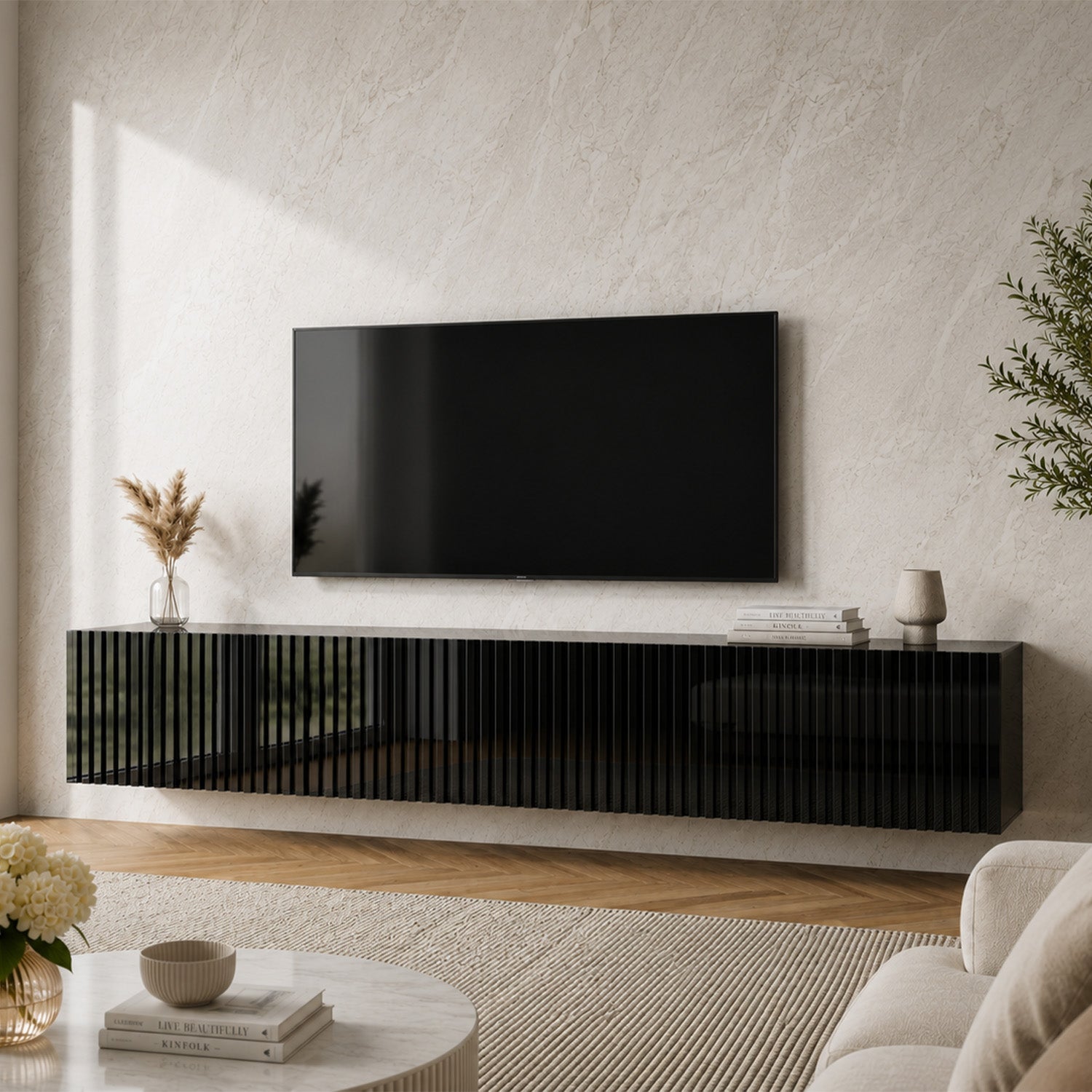Joyce Wall Mounted TV Unit Modern Fluted Gloss Finish 200cm - Black Gloss