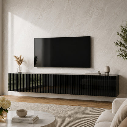Joyce Wall Mounted TV Unit Modern Fluted Gloss Finish 200cm - Black Gloss