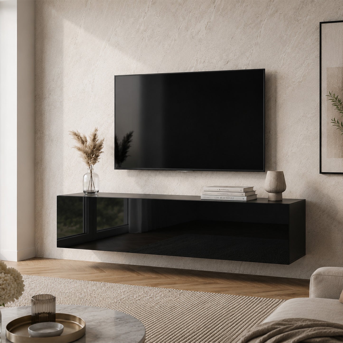Joyce Wall Mounted TV Unit Modern Plain Gloss Finish 150cm - Black Gloss