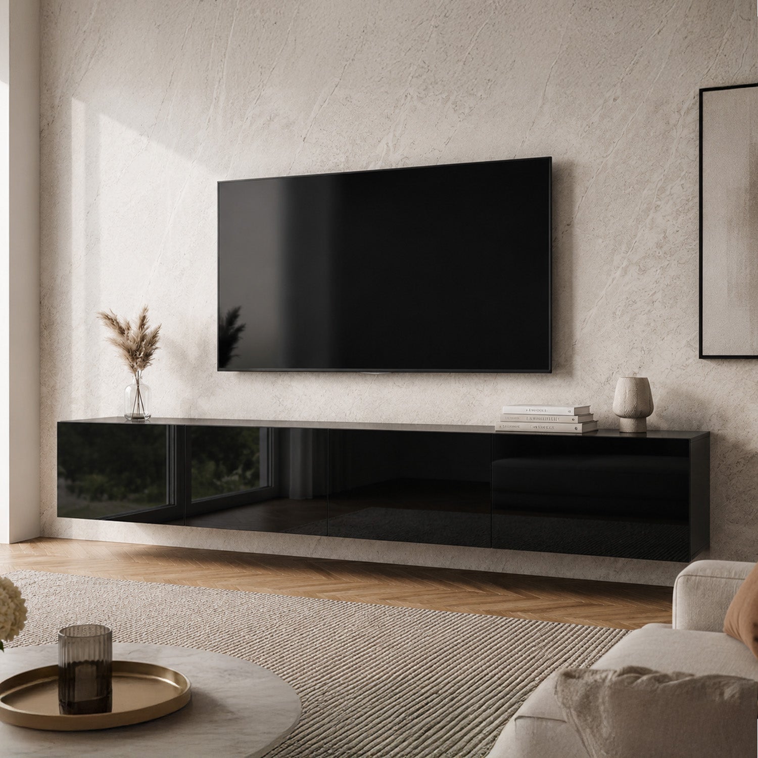 Joyce Wall Mounted TV Unit Modern Plain Gloss Finish 200cm - Black Gloss
