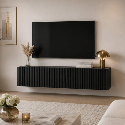 Joyce Wall Mounted TV Unit Modern Fluted Matt Finish 150cm - Black Matt