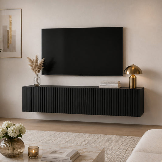 Joyce Wall Mounted TV Unit Modern Fluted Matt Finish 150cm - Black Matt