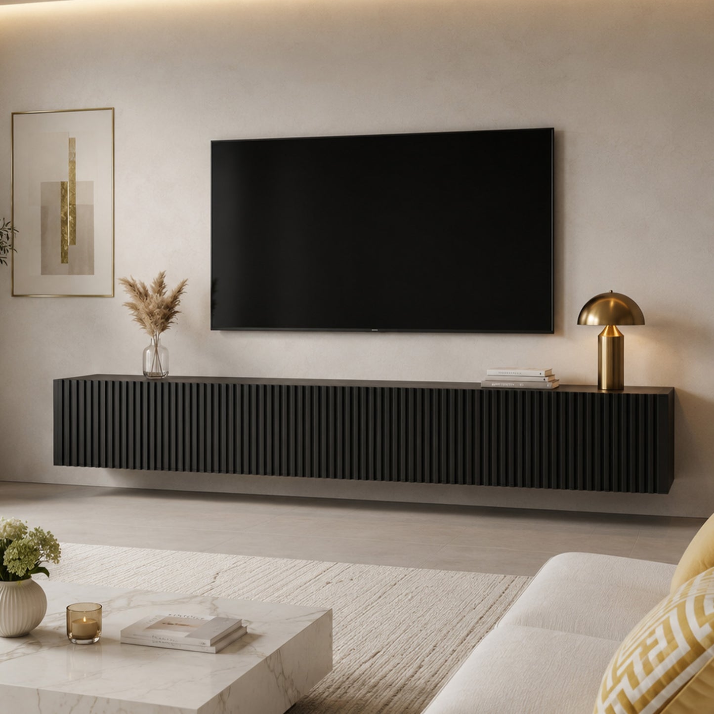 Joyce Wall Mounted TV Unit Modern Fluted Matt Finish 200cm - Black Matt