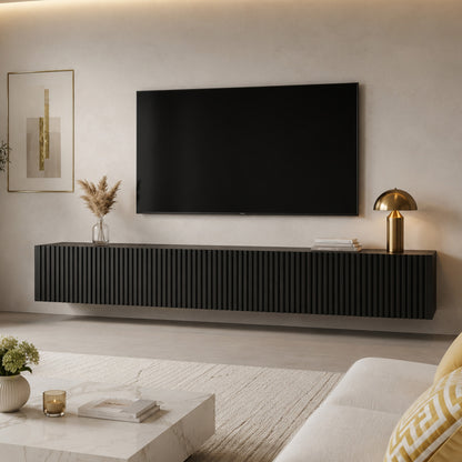 Joyce Wall Mounted TV Unit Modern Fluted Matt Finish 200cm - Black Matt