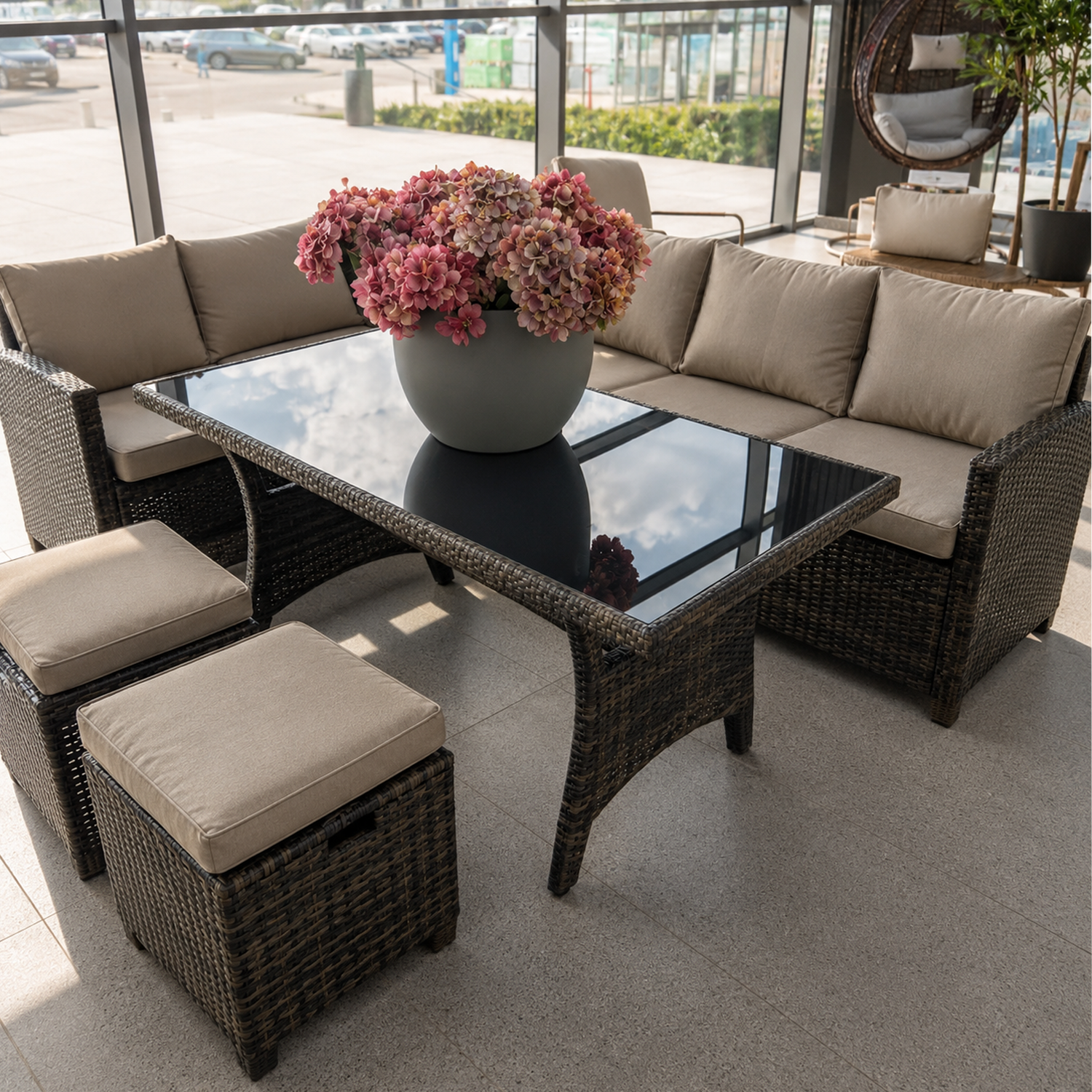 Malaga Rattan Garden Lounge Set with Table, Sofas and Cushioned Stools - Brown