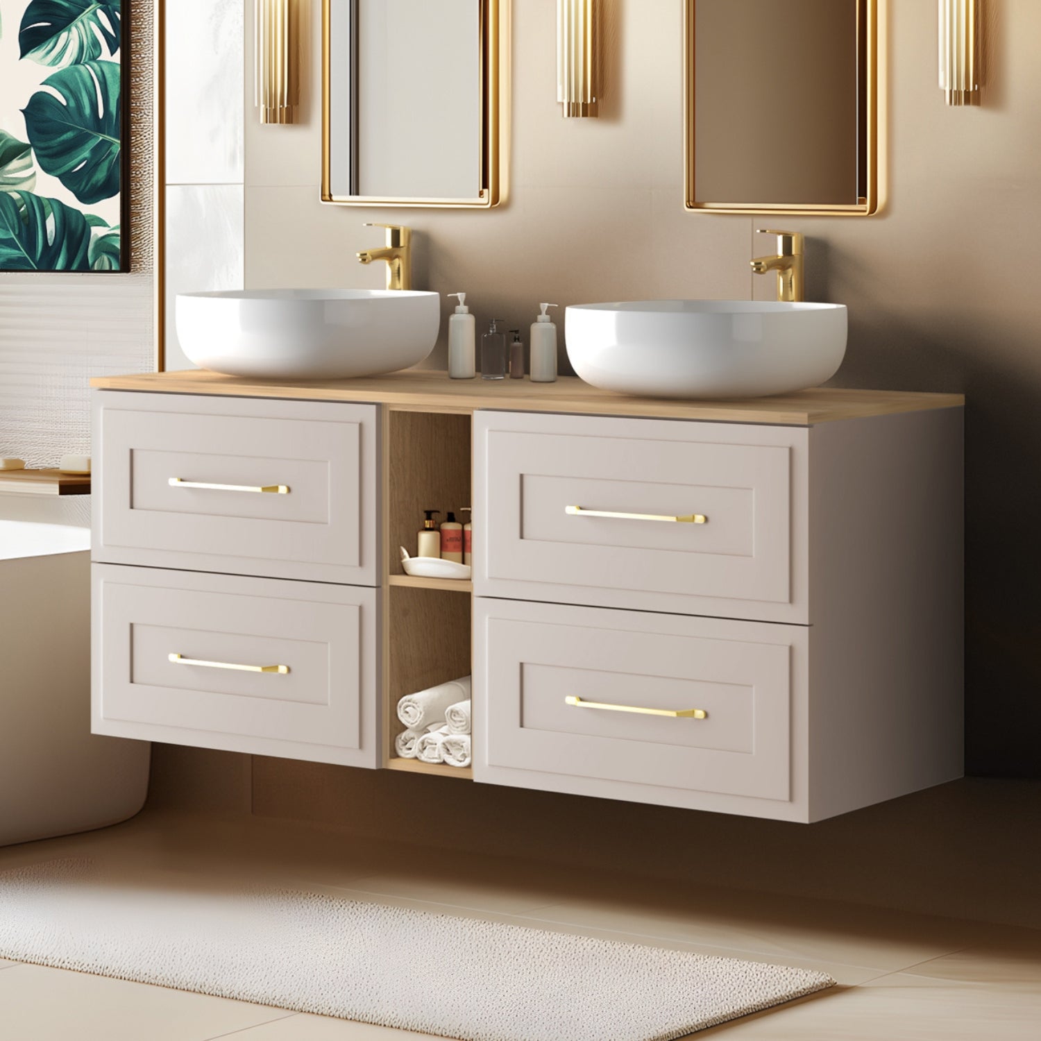 Classic 3 Cabinet Bathroom Vanity Unit Set 140cm with Worktop - Cashmere / Oak