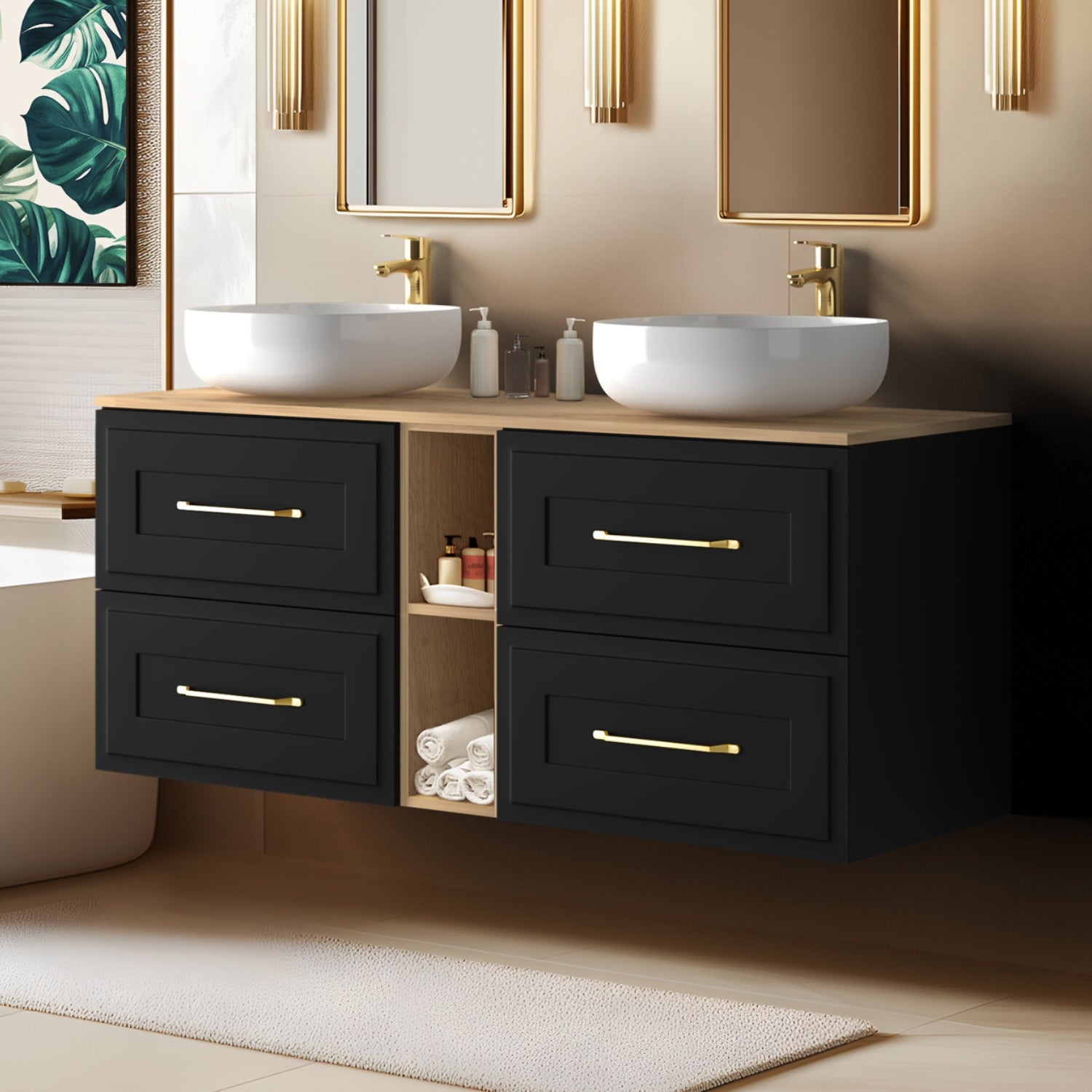 Classic 3 Cabinet Bathroom Vanity Unit Set 140cm with Worktop - Black / Oak